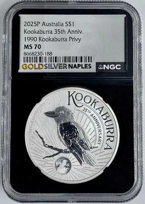 2025 Silver Kookaburra NGC MS 70 $1 Coin 35th Anniversary 1990 Privy 1 Oz Black - Image 1 of 2