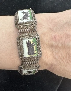 MAGNIFICENT ANTIQUE CHINESE SILVER FILIGREE ENAMEL PANEL PIG DOG BRACELET - Picture 1 of 22