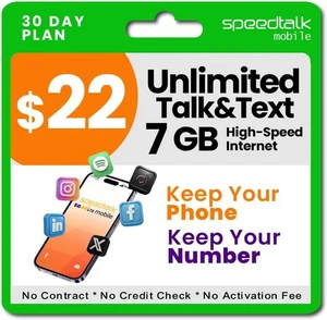 Plan de teléfono celular prepago SpeedTalk - llamadas y mensajes de texto ilimitados + datos de alta velocidad...  - Imagen 1 de 7