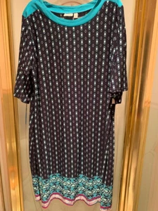 KIM ROGERS Size 1X Navy Blue Aqua & colors PRINT easy fit 3/4 Sleeve DRESS NWT - Picture 1 of 4