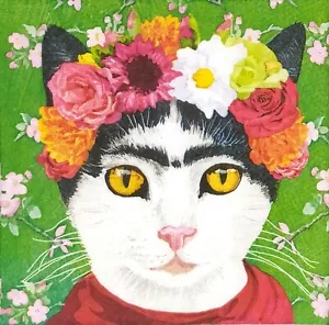 S299# 3 x Single SMALL Paper Napkins For Decoupage Cat Frida With Flower Wreath - Picture 1 of 5