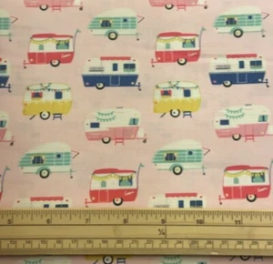 Fat Quarter I'd Rather Be Glamping Pink Caravans 100% Cotton Quilting Fabric - Picture 1 of 1