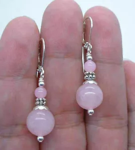 Natural 6-12mm Pink Rose Quartz Round Gemstone Silver Leverback Dangle Earrings - Picture 1 of 2