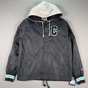 Champion Hooded Windbreaker Jacket Mens Medium Standard Fit Black Fleece Hood - Picture 1 of 12