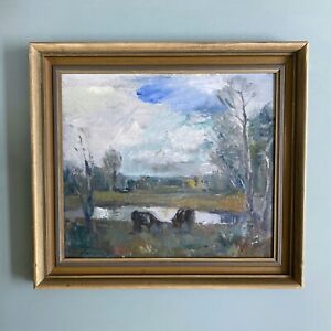 Vintage Framed Swedish Early 20th Century Landscape With Cows Oil Painting 