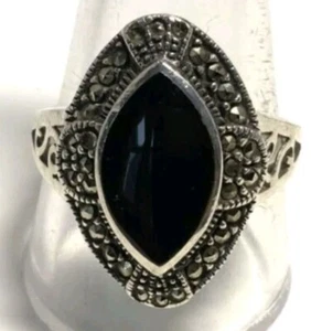 LARGE ESTATE ART STERLING SILVER BLACK CHAPEL ZENRAY ONYX MARCASITE RING SZ 6 - Picture 1 of 6