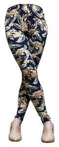Women Printed Stretch Leggings Pants Navy Base Yellow Flower M/L - Picture 1 of 1