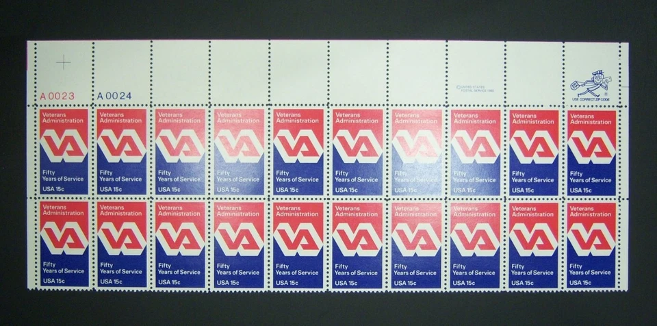 Scott # 1825, US strip of 20, 15 cent, Plate/ Zip Block, Veterans Administration - Image 1 of 1