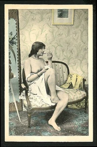 French 1900 Two Risque Photos TEASING Smoker LINGERIE Color Collotypes ~ VASTA - Picture 1 of 2