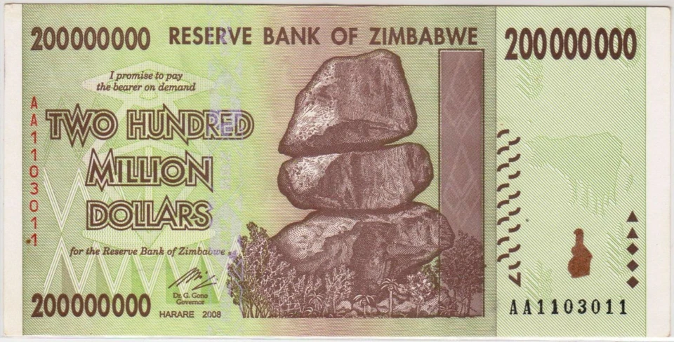 Mazuma*F1039 Zimbabwe 2008 200000000 Million Dollars AA1103011 Radar Number AUNC - Image 1 of 2