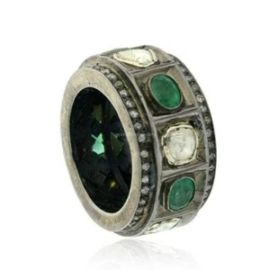 Smaragd Edelstein Band Ring,925 Silber Polki Mit Pflastern Diamant Minimalist - Bild 1 von 3