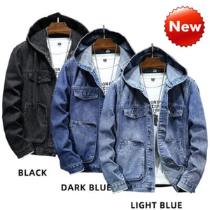  Herren Freizeit Knopfleiste Denim Jeansmantel Outdoor gerissen Trucker Hooed Jacke Top - Bild 1 von 18