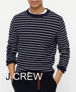 JCREW sweater striped chunky navy blue white organic cotton fisherman's slim nr - Picture 1 of 9
