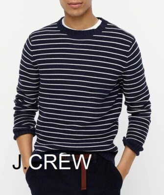 JCREW sweater striped chunky navy blue white organic cotton fisherman's slim nr - Image 1 of 4