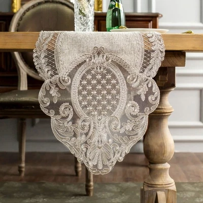 Lace Table Runner Rectangle Gray Cotton Linen Fabric Dresser Scarf with Exqui... - Image 1 of 4
