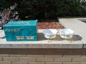 Vintage Pyrex Promo Twin Server Set Blue Green Leaf Bowls (A) - Picture 1 of 18