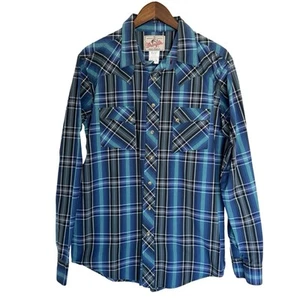 Vintage Wrangler Shirt Men LT Blue Plaid Flannel Pearl Snap Rodeo Western - Picture 1 of 9