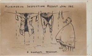 POSTCARD COMIC    MILITARY  TERRITORIAL INSPECTION  A COMPLETE WASH OUT - Picture 1 of 2