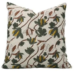 Handmade Floral Block Print Cotton Linen 24x24 Inches Decorative Throw Pillow... - Picture 1 of 8
