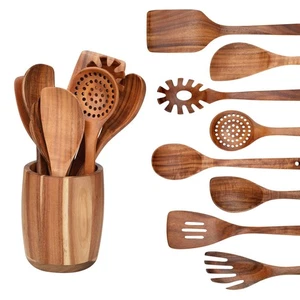 9 PCS Kitchen Utensils Set - Wooden Spoons for Cooking, Natural Teak Wooden U... - Picture 1 of 8