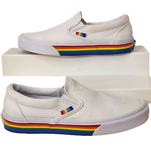 Vans Rainbow Stripe Soles Shoes Sneakers White Mens 7 Womens 8.5 Slip On PRIDE - Picture 1 of 10