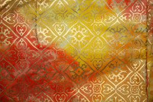 PRINTED BATIK-METALLIC GOLD DESIGNS ON ORANGE AND YELLOW BATIK - Picture 1 of 5