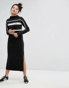 Adidas Originals Contrast Stripes Black Long Maxi Dress Size UK10, US S New 674 - Picture 1 of 12