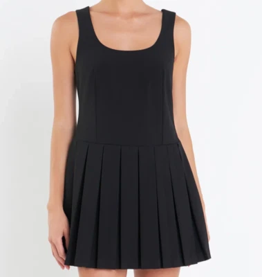 English Factory Pleated Sleeveless Smocked Mini Dress Black Womens Sz L $120 NWT Foto 1 de 4