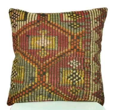 Kilim Cushion Case 16x16 Vintage Tribal Decorative Turkish  Pillow Cover E203-1 - Image 1 of 4
