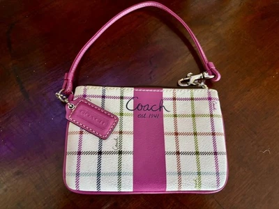 Carteira Coach Tattersall rosa/creme xadrez pulseira clássica, logotipo designer fuschia - Imagem 1 de 4