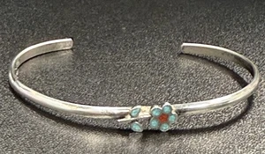 Vintage Sterling Silver Cuff Bracelet Turquoise & Coral Flower 6.3g - Picture 1 of 5