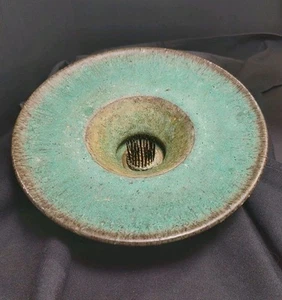 Ikebana Stoneware Flower Pin Frog Vase Pedestal Artisan Green Textured Signed - Picture 1 of 9