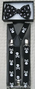 Black White Skulls and Crossbones Bow tie & Adjustable Suspenders Combo-New! - Picture 1 of 2