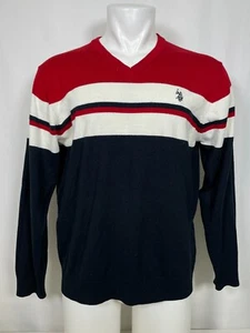 US Polo ASSN V-Neck Pony Long Sleeves Red White Blue Striped Sweater Men's LARGE - Picture 1 of 10