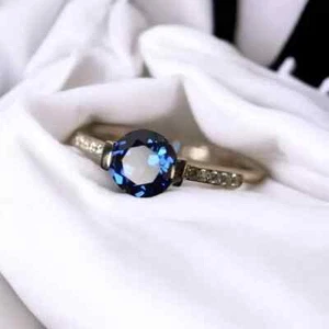 Certified Natural 1.2ct Round Blue Sapphire 14K White Gold Women Ring For Gift - Bild 1 von 9