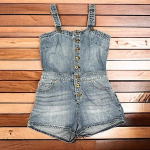 American Rag Denim Romper Shortalls Overalls Sz 3 Y2K 2” Bib Blue Jeans J Lo - Picture 1 of 10