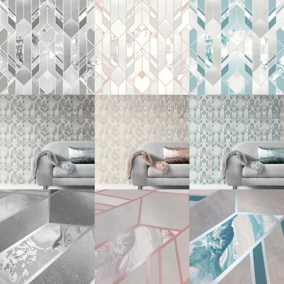 Papel pintado elixir mármol geométrico gris oro rosa azulada plata metálica Muriva Foto 1 de 1