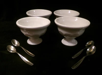 4 PC SET of MILK GLASS PEDESTAL SHERBET/DESSERT BOWLS, 4 STAINLESS STEEL SPOONS - Image 1 of 4