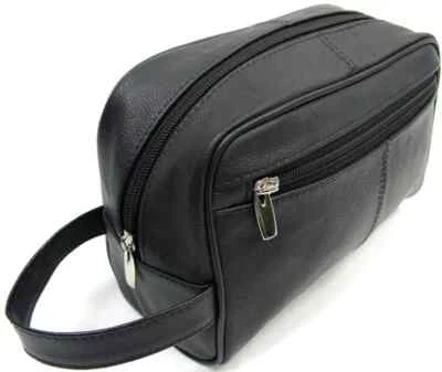 Quality Genuine Cow Leather Men's Shaving Toiletry and Travel Bag 3 Zipper Black - Image 1 of 4