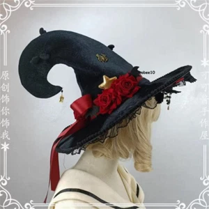 Handmade Pointed Witch Hat Black Lolita Witch Halloween Hat Gift Cosplay - Picture 1 of 7