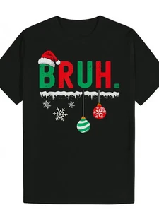 Men'S Christmas T-Shirt with Santa Hat & "BRUH" Graphic - Green Crew Neck Casual - Foto 1 di 3