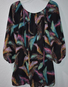 Lane Bryant Top 18/20 Semi Sheer Elastic cuff/neck/bottom Black/Multicolor Shirt - Picture 1 of 15