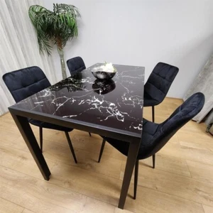 Black Marble Glass Dining Table Set with 4 Velvet Chairs Modern 120cm - Picture 1 of 12