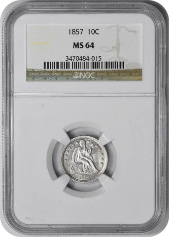 1857 Liberty Seated Silver Dime MS64 NGC Cover