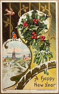 New Year Village Windmill Gold Gilded Antique Postcard 1908 - Picture 1 of 6