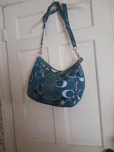Coach Teal Blue And Silver Signature Cs Cloth Vtge Large Bag - Picture 1 of 12
