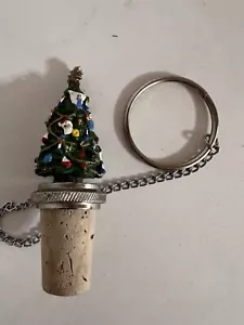 Vintage pewter Wine Bottle Cork Stopper Christmas Tree W/ Loop & Chain - Picture 1 of 4