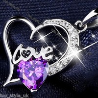 S925 Sterling Silver Purple Amethyst Crystal Diamond Heart Necklace Gift for Her