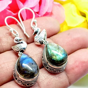 Fire Labradorite Gemstone Handmade Drop Earring, 925 Sterling Silver Earring. - Picture 1 of 7