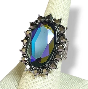 Adjustable Mystic Topaz & Rhinestone Silver Tone Oversized Flower Statement Ring - Picture 1 of 6